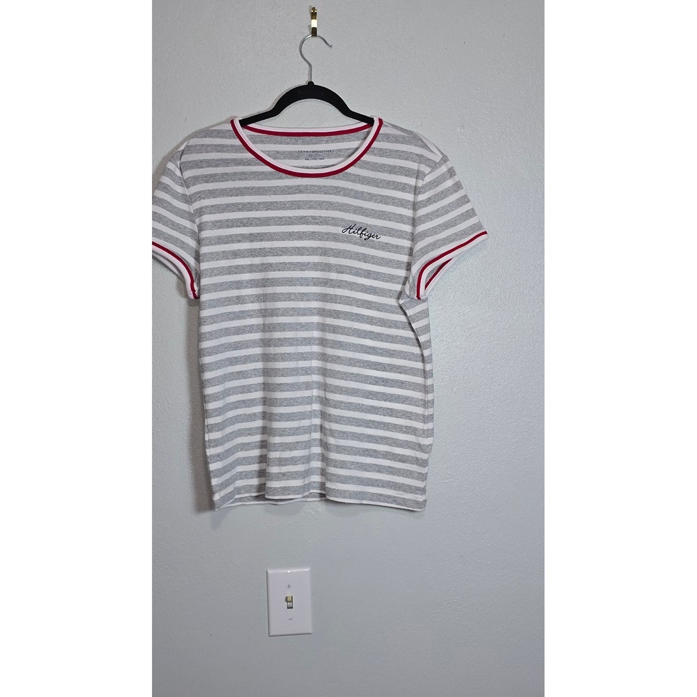 Tommy Hilfiger Womens XXL Grey White Striped Ringer T-Shirt 76A6409 preppy